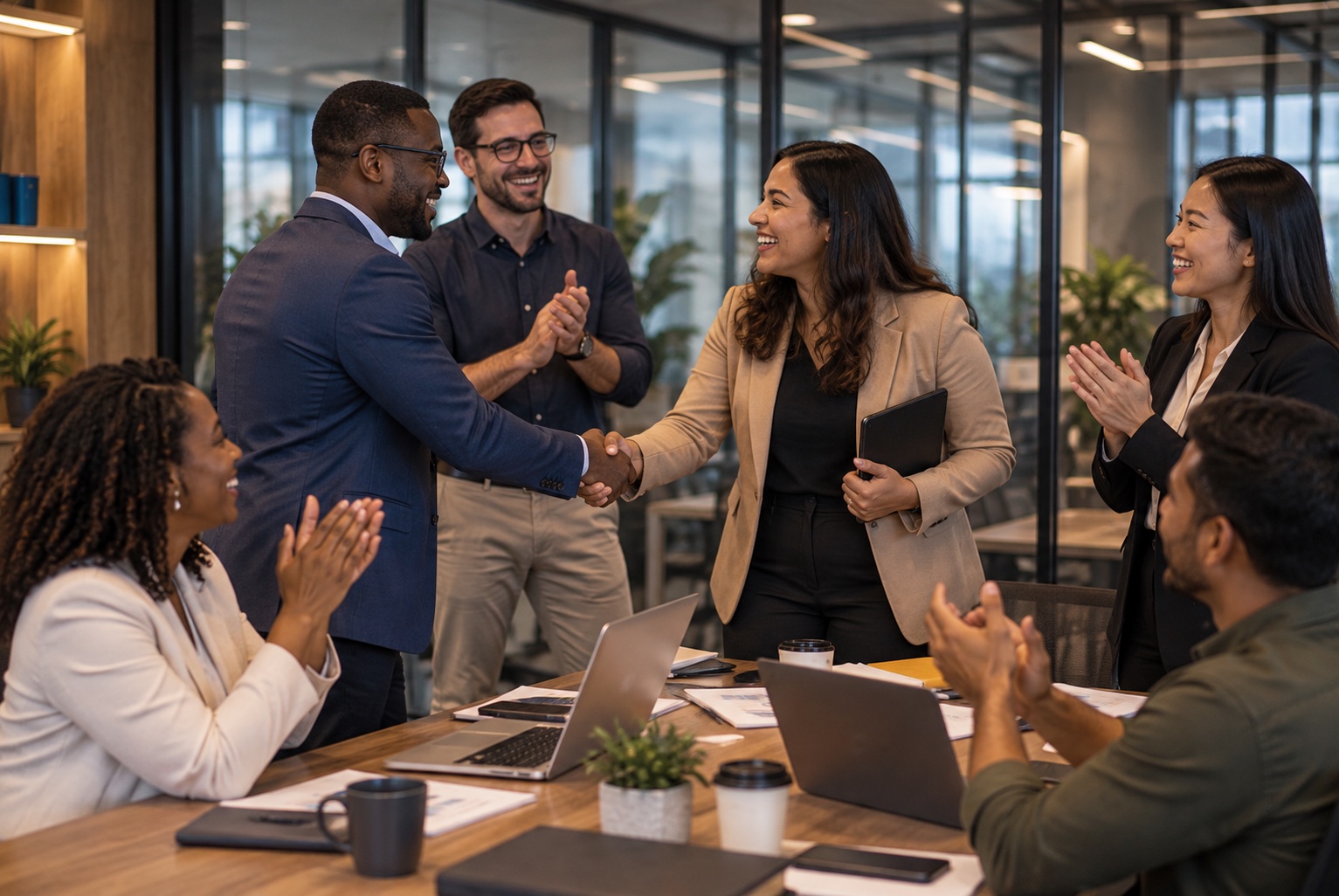 Partners shaking hands across the table while the joint team applauds